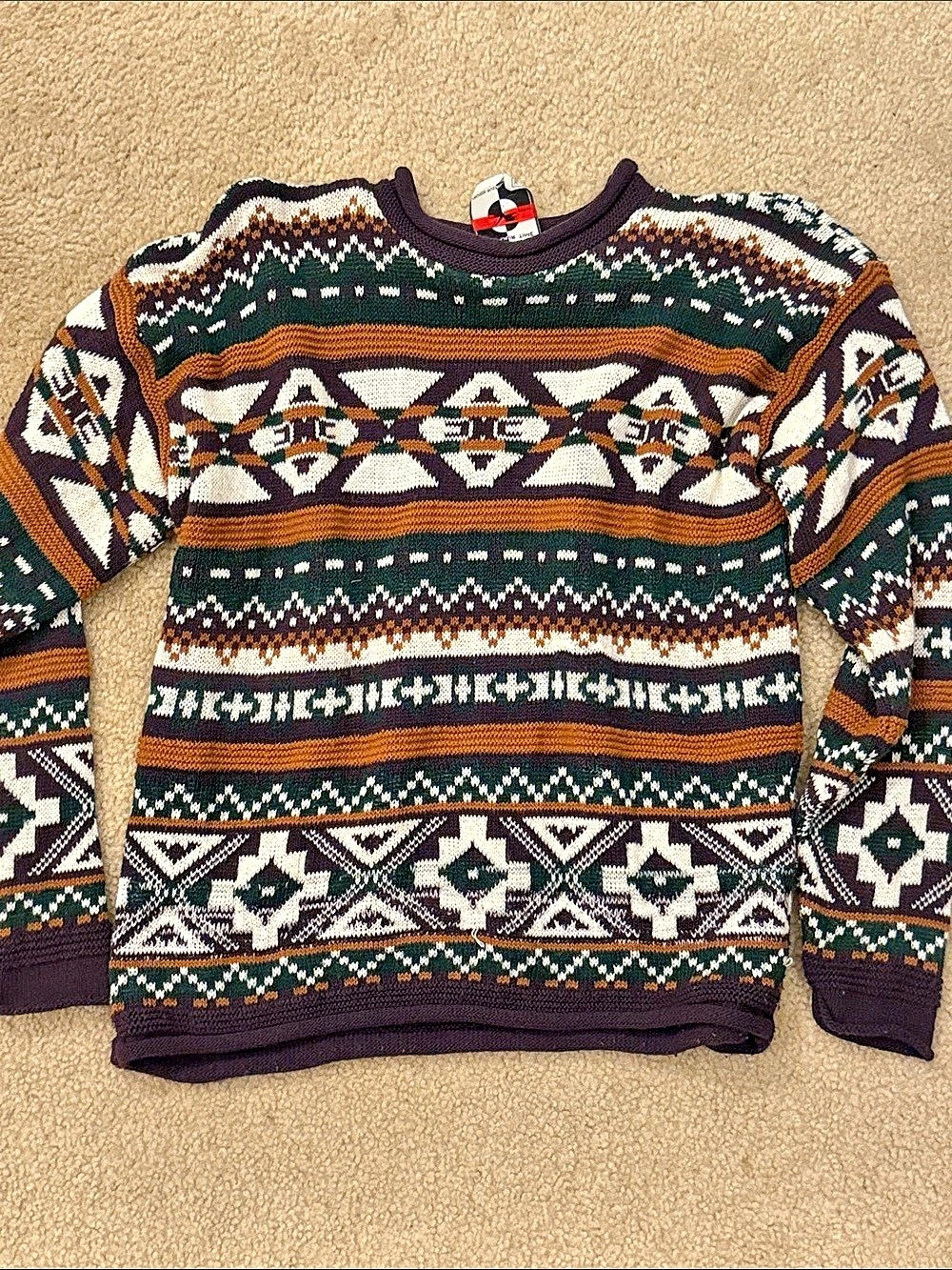 It's Our Time Geometric Knit Crewneck in Green & Brown Size Large